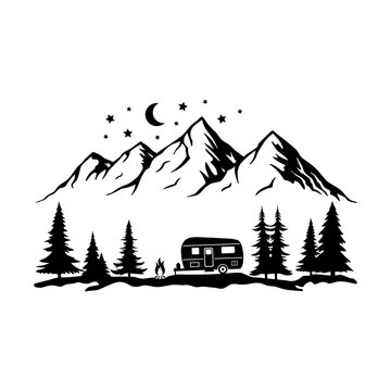recommend clip art: Camper in the Woods and Mountain, Camping in the Nature, Hand Drawn Vector Illustration