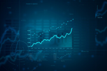 Chart, graph moving up. Positive chart in blue, rising line. Business, financial figures, revenue, cash flow, analyzing, growth, strategy, data. Abstract financial concept.