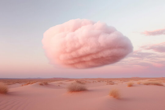 Pink cloud floating above the dunes in the desert. Generative AI