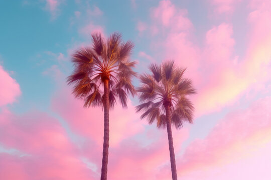 Two pink palm trees under a sky with clouds. Generative AI