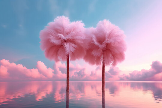 Two pink palm trees over the sea. Generative AI