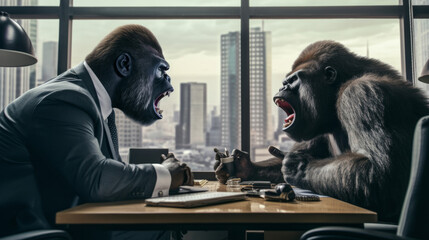 Gorillas arguing at a business meeting. Generative ai - obrazy, fototapety, plakaty