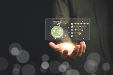 Hands holding five gold stars, symbolizing customer satisfaction and excellence in service. Perfect for online reviews and feedback. Customer service and Satisfaction concept, 5 star rating