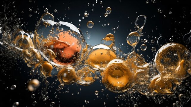Drop bubbles splash water close up dramatic scenes with black background. Generative ai