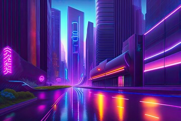 Neon Future Purple City Generative AI. Futuristic Cyberpunk Violet Design
