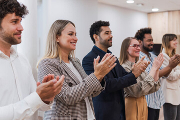 Happy business people clapping hands after a presentation in office