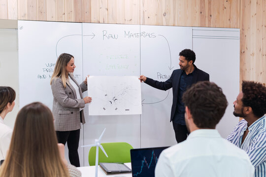 Businessman and businesswoman giving a presentation to colleagues in office