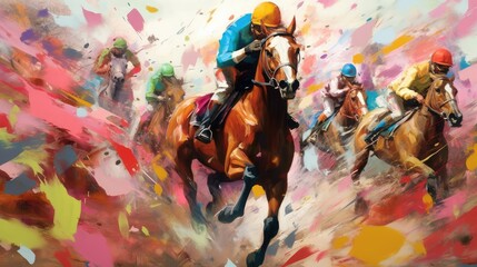 Fototapeta na wymiar Cup Day at the Races, Horses racing at Melbourne Cup Day, Abstract Art, Digital Illustration, Generative AI