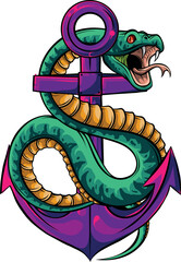 Vector illustration of snakes twists an anchor on white background - 608706339