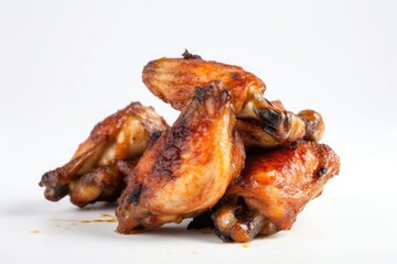 Close-up of fried chicken wings with a crust on a white background. Generative ai.