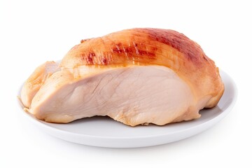 Juicy chicken breast on a plate on a white background. Generative ai.