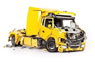 Damaged after an accident yellow truck isolated on a white background. Generative ai.
