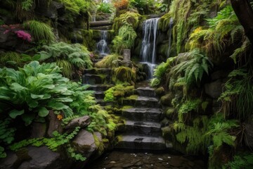Garden waterfall design with greenery. Generative ai.