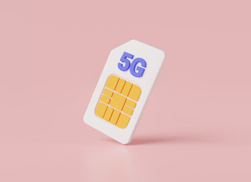 SIM card 5g icon isolated on purple background. Mobile phone SIM card, communication technology, sim card chip, eSIM, New digital technology. Cartoon minimal style. 3d minimal render illustration