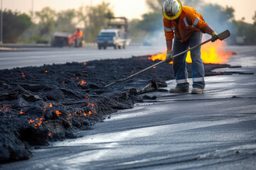 Male worker lays asphalt road repair road paving. A man in overalls is laying asphalt with a shovel, generative ai - obrazy, fototapety, plakaty