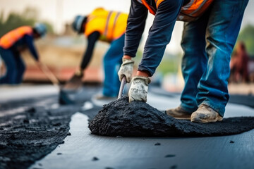 Male worker lays asphalt road repair road paving. A man in overalls is laying asphalt with a shovel, generative ai - obrazy, fototapety, plakaty