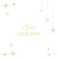Card for Muslims festival, Eid Mubarak. Stars, rhombus and text on white background. Vector illustration. Frame, invitation, celebration, congratulation, greeting, decoration.