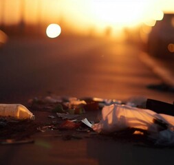 Garbage on the road at sunset 