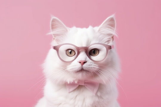 Closeup of white cat in eyeglasses, on solid pink background. AI generative.