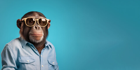 Funny chimpanzee wearing blue shirt and sunglasses. Isolated on light blue background.