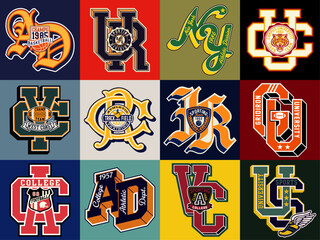 University and college athletic monogram initial font patches collection vintage vector artwork for sport print and embroidery applique - 608709394