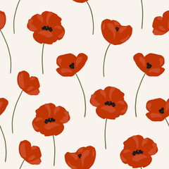 Hand drawn seamless vector pattern with poppy flowers. Pretty summer background with poppies for prints, textile. Wildflowers endless pattern in trendy style. Meadow floral illustration