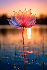Macro photography of an epic sunset at a beautiful scenic lake as seen through the translucent petal of a flower blooming in the grass. AI generative