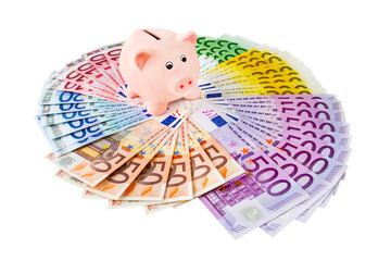 Konzept Geld, Finanzen, Sparen, Zinsen mit Sparschwein und Euro Geldscheine Hintergrund transparent PNG cut out - obrazy, fototapety, plakaty