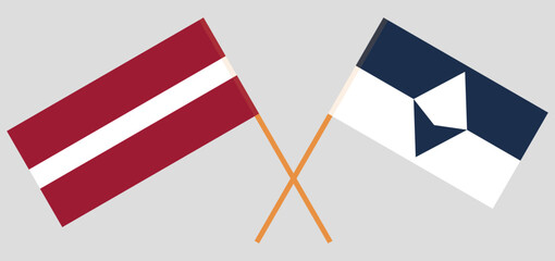 Fototapeta na wymiar Crossed flags of Latvia and Antarctica. Official colors. Correct proportion