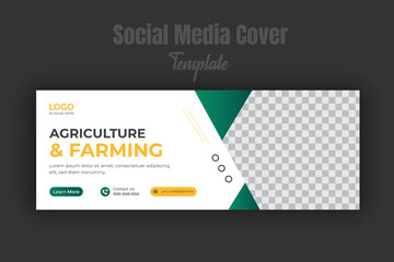 Agriculture and farming services for social media cover or post design template, modern lawn mower garden or landscaping service with geometric green gradient and yellow color white background