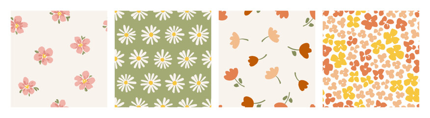 Set of hand drawn seamless vector patterns with cute wildflowers. Trendy summer background with blooming flowers for prints and wallpapers. Meadow floral endless patterns collection. Lovely flat art