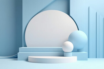 Minimal scene with podium and abstract background. Pastel blue and white colors scene. AI generative