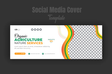 Organic and agriculture service, modern lawn mower garden or landscaping service with abstract green gradient and orange color shape for social media cover or post design template discount offer