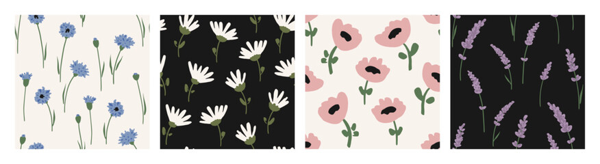 Hand drawn seamless vector patterns with lovely wildflowers. Cute summer background with meadow flowers. Spring endless background for kids design, textile and prints. Colored vector patterns