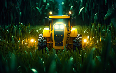 Yellow toy tractor 3d render at night time. Realistic lighting. Generative Ai