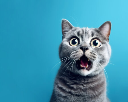 Surprised grey cat on blue background. AI generative