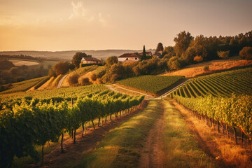 Vineyards with grapevine and winery along wine road in the evening sun. AI generative