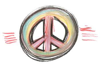 Doodle sign of peace, colorful chalk isolated on white 