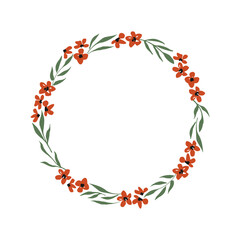 Hand drawn vector wreath with wildflowers. Cute blooming floral wreath for spring and summer designs, prints, posters. Botanical circle frame isolated on white background. Lovely vector art