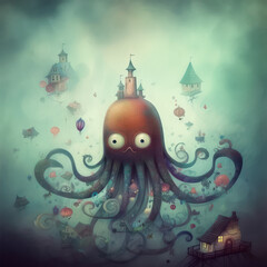 Obraz na płótnie Canvas Cute Octopus, Childrens Book Illustration, Generative AI