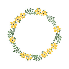 Hand drawn vector wreath with wildflowers. Cute blooming floral wreath for spring and summer designs, prints, posters. Botanical circle frame isolated on white background. Lovely vector art