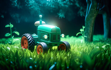 Green toy tractor 3d render at night time. Realistic lighting. Generative Ai