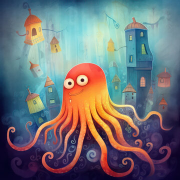 Cute Octopus, Childrens Book Illustration, Generative AI