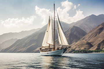 Obraz na płótnie Canvas Sailing yacht in the sea against the backdrop of mountains