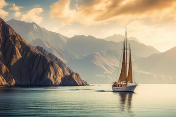 Fototapeta na wymiar Sailing yacht in the sea against the backdrop of mountains