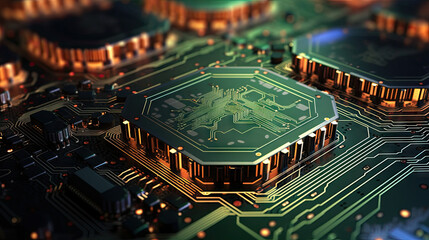 Futuristic circuit board with glowing hexagon processors