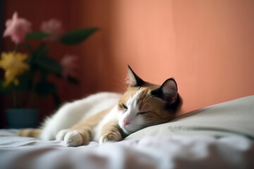 cat lying on a bed taking a nap in the style. generative Ai