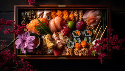 Japanese gourmet meal sushi, sashimi, and seafood on wooden tray generated by AI