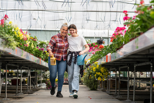 The grandmother and her granddaughter work side by side in their greenhouse garden, passing down knowledge and creating a beautiful bond across generations.