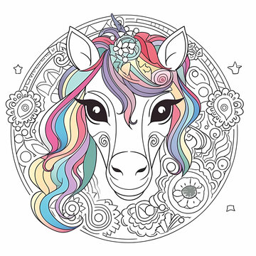 Partially colored front face of horse, decorated in mandala style, for kids